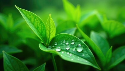 Water droplets and lush green leaves in a meadow environment, nature, leaf, foliage