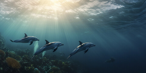 Naklejka premium pod of dolphins gracefully swims near coral drop off