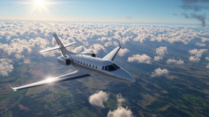 A sleek private jet is flying effortlessly through a bright afternoon sky filled with fluffy clouds. Below, a lush landscape stretches out, showcasing fields and distant hills