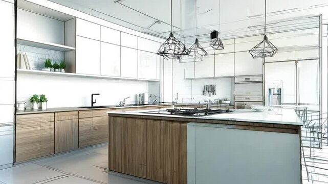 Modern Minimalist Kitchen Interior Design Sketch Concept Illustration