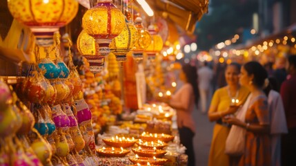 Illuminated Lanterns and Diyas Adorn Festive Market Stall