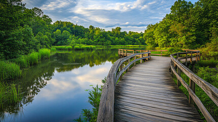 Fototapeta premium Scenic wooden boardwalk along a calm river surrounded by lush forest