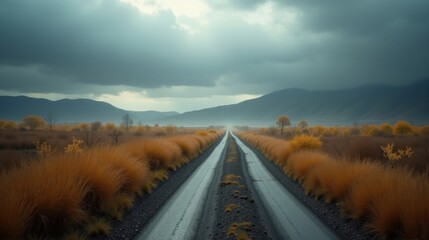 Expansive alluvial plains under a rainy midday sky. The autumn landscape appears fresh, with glistening wet soil and scattered water channels shaping the terrain.