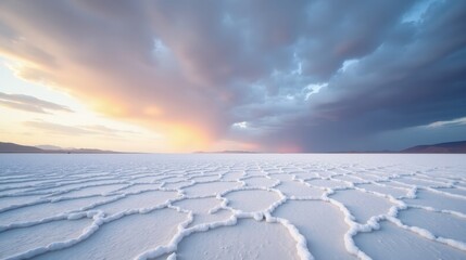 Vast salt flats under a snowy afternoon sky, stretching endlessly. The stormy summer atmosphere creates a dramatic contrast of white and dark clouds over the textured surface.