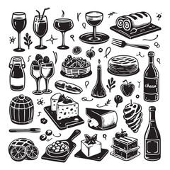 chalk food vector illustrations. wedding dinner icons, wine or champagne glass, cheese, and charcuterie drawings for wedding invitations, cafe menus, and parties vector silhouette