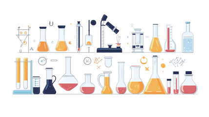 The image is a flat-design vector illustration showcasing a collection of various laboratory equipment and tools.  The items are depicted in a stylized, simplified manner with a limited color
