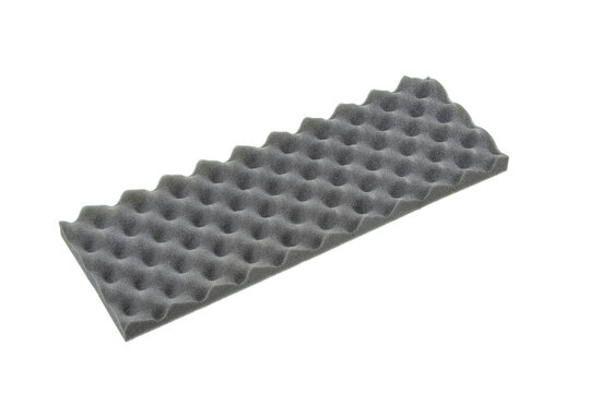Gray egg crate-patterned acoustic foam panel, used for soundproofing, isolated on a white background.