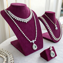 A close-up of sparkling gemstone necklaces displayed on a velvet stand under soft lighting