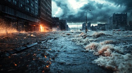 Rising floodwater engulfs city streets as powerful waves crash against buildings, while ominous clouds loom in a dramatic stormy atmosphere