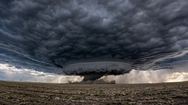 A Majestic Supercell Thunderstorm Unfolds Over Open Prairie, Capturing the Raw Power of Nature in an Ominous Skyscape with Dark Clouds and a Rotating Wall Cloud