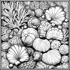 Fototapeta premium Seashells coral ocean scene coloring page background
