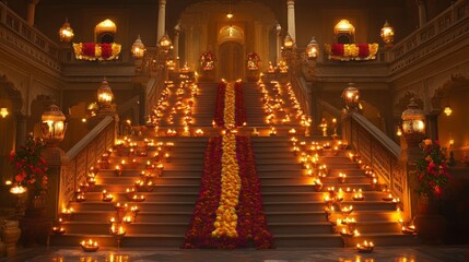 Illuminated Grand Staircase Adorned With Flowers And Lights