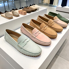 A collection of casual loafers in neutral and pastel colors displayed in a modern store.