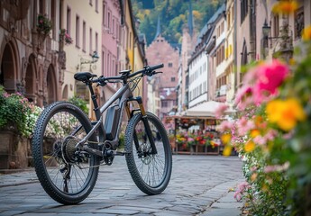 Fototapeta premium A black electric mountain bike is parked on the street of an old European town, surrounded by flowers and buildings with half-timbered architecture.