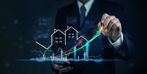 Housing market trends with increasing property value and economic forecast.Real estate investment and property market analytics, financial growth trends.