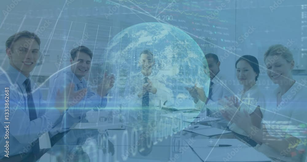 Poster applauding business team with digital globe and data animation in office setting