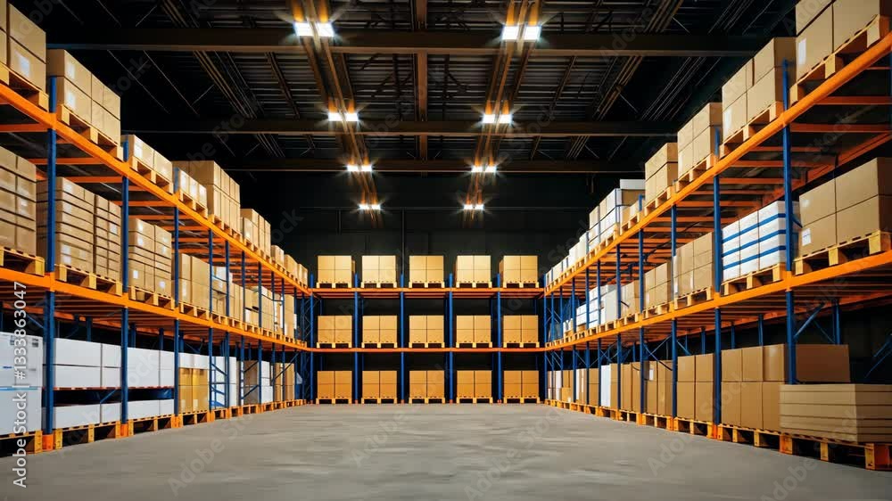 Poster spacious warehouse interior with tall shelves and neatly stacked boxes, illuminated by bright overhe