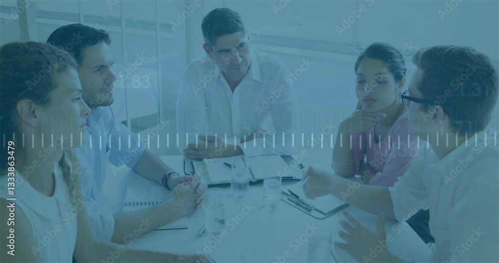 Poster discussing strategies, business team analyzing financial data with animation overlay
