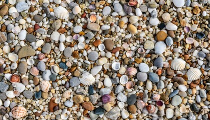 Colorful pebbles, sea stones and seashells on the beach bakcground texture, top view pattern