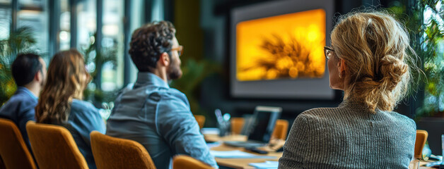group of professionals attending workshop, focused on presentation. atmosphere is collaborative and engaging, with modern conference room setting