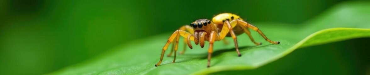 Fototapeta premium Large fang-like jaws of spider on banana leaf, banana, closeup