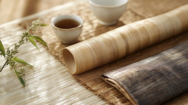 A warm and inviting texture, crafted from the natural embrace of bamboo wood, painted in hues of creams, tans, and sepia browns, evoking a sense of tranquility and rustic charm.