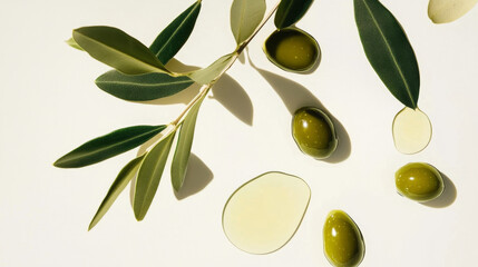 Olives and olive leaves with olive oil drips, minimalist aesthetic