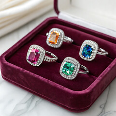 A collection of sparkling cocktail rings with colorful gemstones on a velvet tray