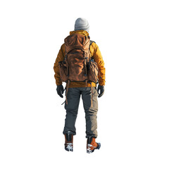 Traveler with backpack on snowy mountain peak, isolated on transparent background 