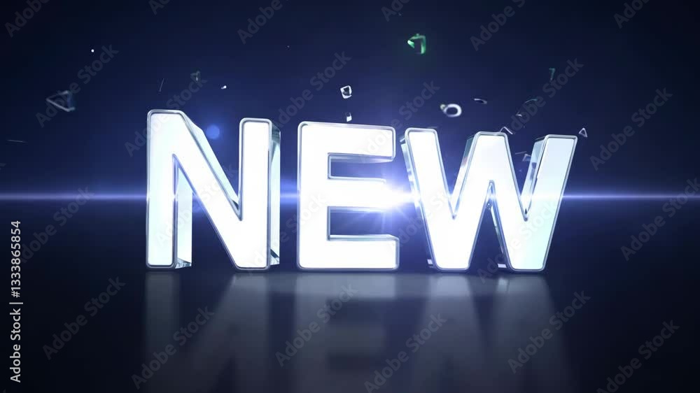 Poster the word new is written in silver letters on a black background. the letters are large and bold, mak