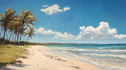 A tranquil beach features golden sand bordered by swaying palm trees under a bright blue sky with fluffy white clouds. Gentle waves lap at the shore, creating a serene atmosphere