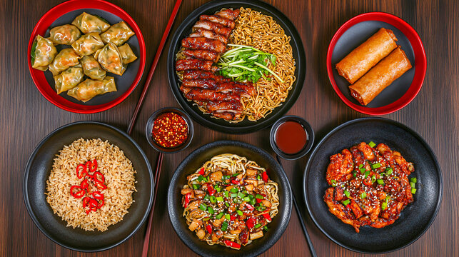 Top down view of asian cuisine stir fried noodles dumplings spring rolls  and more