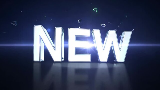 The word NEW is written in silver letters on a black background. The letters are large and bold, making them stand out against the dark background