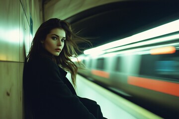 beautiful woman in metro, real life, loneliness and life in big cities, public transport concept