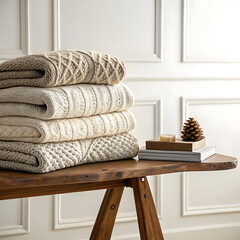 A display of cozy knit sweaters folded neatly on a wooden table with warm lighting 