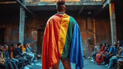 Fototapeta premium Pride speaker addresses audience in urban courtyard