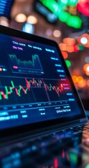 Obraz premium Financial data displayed on a laptop screen, showing stock market trends