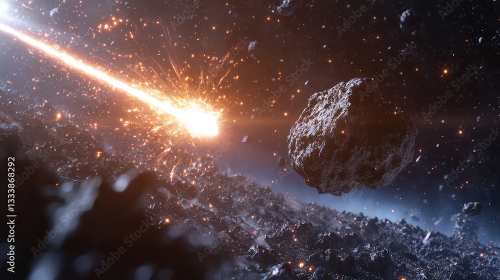 Sticker bright meteors streak through the asteroid belt, igniting a display of sparks as they collide with r