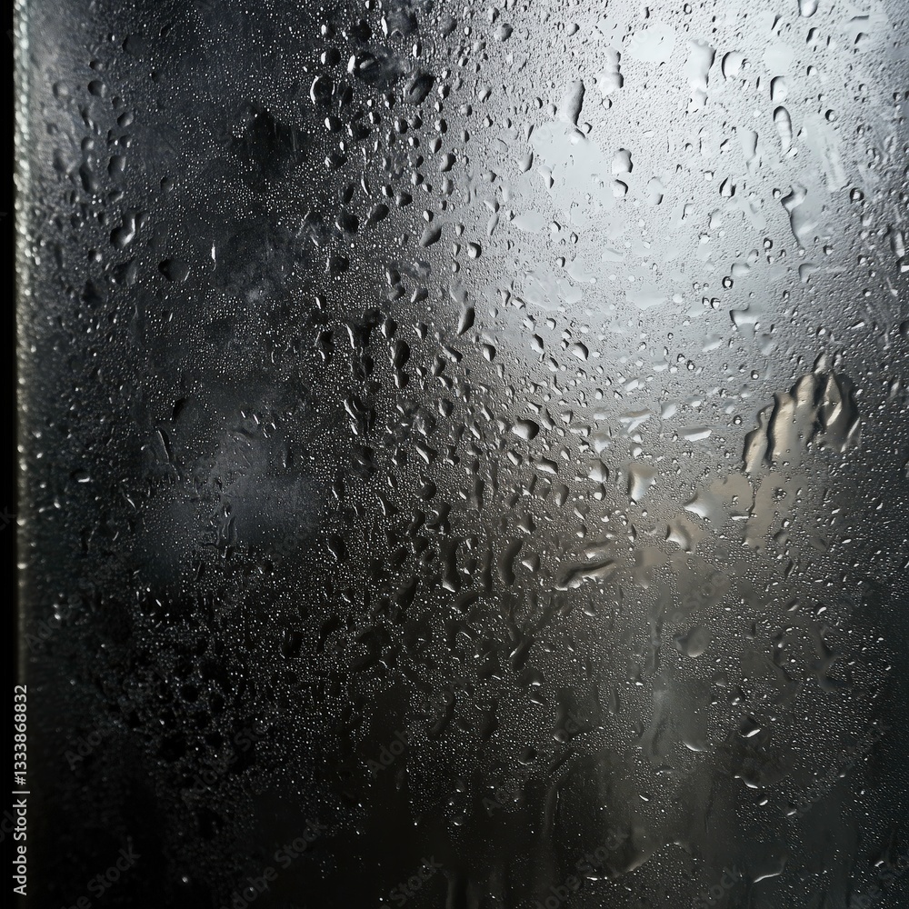 Poster abstract condensation: an up-close, moody capture of condensation on a surface. each droplet reflect