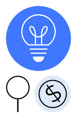 Lightbulb in blue circle symbolizes creativity, innovation magnifying glass for search, analysis dollar sign signifies finance, profit. Ideal for business, marketing, research, strategy, income