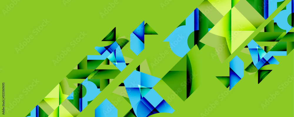 Poster Abstract geometric composition with interlocking circular and angular shapes, featuring smooth gradients and sharp contrasts on a white background