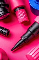 Holographic space exploration tools laid out a vibrant pink lab desk