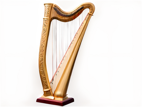 A finely detailed golden Irish harp with Celtic carvings, elegantly positioned on a white background.

