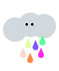 Cute cloud with happy smiling face and falling colorful rain drops. Rainy weather icon with raindrops. Funny baby character. Childish flat colored vector illustration isolated on white background.