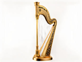 A finely detailed golden Irish harp with Celtic carvings, elegantly positioned on a white background.
