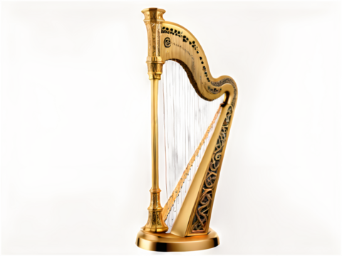 A finely detailed golden Irish harp with Celtic carvings, elegantly positioned on a white background.
