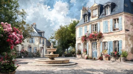 Fototapeta premium A beautiful courtyard features a stone fountain surrounded by colorful flowers and charming buildings. Bright sunlight casts gentle shadows, creating a serene atmosphere