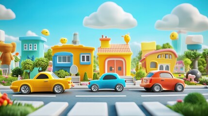 Charming Cartoon Townscape Delightful Colorful Houses and Cars Sunny Day 3D Render