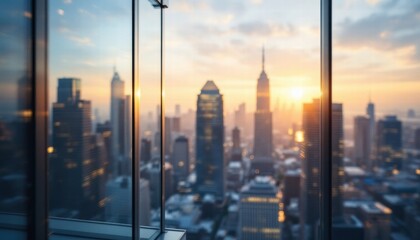 Blurred cityscape at sunset or sunrise viewed at the reflective glass windows 08