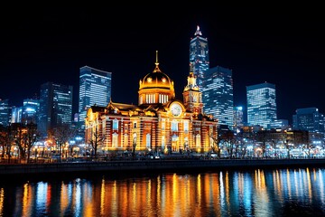 Obraz premium Illuminated Historic Building with City Skyline Reflected in Water at Night